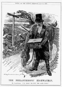 David Lloyd George (1863-1945) walesi születésű brit liberális államférfi. 1908-ban, mint pénzügyminiszter, Lloyd George bevezette az öregségi nyugdíjról szóló törvényt. Edward Linley Sambourne rajzfilmje, Punch, London, 1908. augusztus.