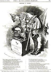 Lefelé tartás. Otto von Bismarck (1815-1898) Németország kancellárja, aki megpróbálja visszakényszeríteni a szocializmus Jackét a dobozába. A feliratok azt mondják neki, hogy az elnyomás minden cselekménye elixírként hat a nagyobb szabadság iránti vágyra. 