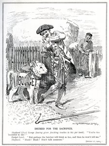 Lloyd George arra készül, hogy a Lordok Háza feláldozza és megölje "kedvenc bárányát", a "Népi költségvetést", 1909