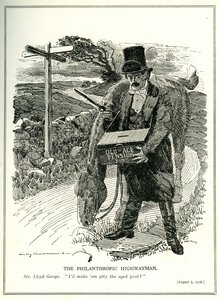 „The Philanthropic Highwayman”, Lloyd George az öregségi nyugdíjpénztárral, rajzfilm a „Punch” magazinból, 1908. augusztus 5.