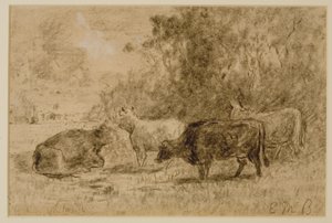 Táj négy tehénnel, c. 1880-as évek (szén papíron) alkotó: Edward Mitchell Bannister