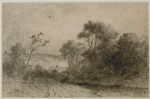 Táj tetőkkel a fák mögött (#49) c. 1880-as évek (grafit papíron) alkotó: Edward Mitchell Bannister