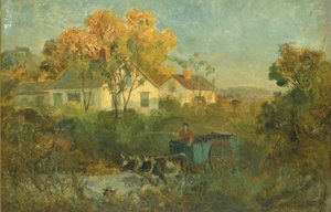 Az ivómedencés férfi szekéren ökrökkel a medencénél, 1895. alkotó: Edward Mitchell Bannister