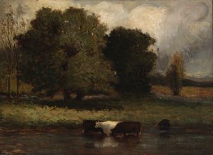 Cím nélkül (Négy tehén pancsol a tóban) alkotó: Edward Mitchell Bannister