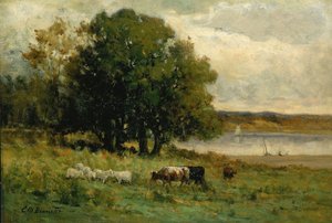 Cím nélkül (szarvasmarha a folyó mellett, vitorlás a távolban) alkotó: Edward Mitchell Bannister