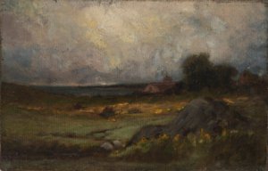 Cím nélkül (tájkép sziklával az előtérben és toronytetővel, háttérben tó) alkotó: Edward Mitchell Bannister
