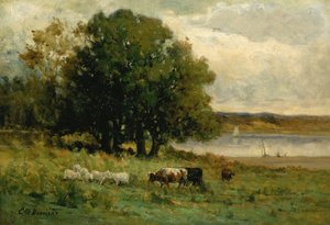 Cím nélküli szarvasmarha a folyó közelében vitorlással a távolban, n.d.