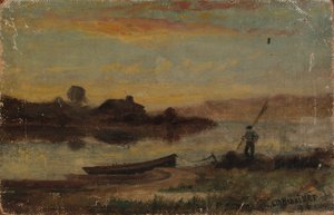 Cím nélküli táj, csónak kikötve a part közelében, emberrel sétálva, 1896. alkotó: Edward Mitchell Bannister