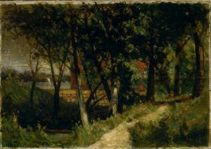 Cím nélküli táj, erdei jelenet piros kerítéssel és épülettel, 1893. alkotó: Edward Mitchell Bannister