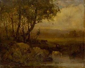 Cím nélküli táj, folyópart, három tehén. alkotó: Edward Mitchell Bannister