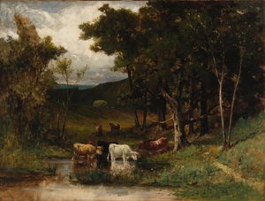 Névtelen táj tehenekkel a patakban, fák mellett, 1882. alkotó: Edward Mitchell Bannister