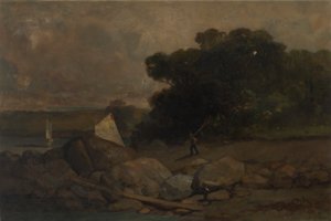 Névtelen táj sziklákkal, emberrel és vitorlással, 1895. alkotó: Edward Mitchell Bannister
