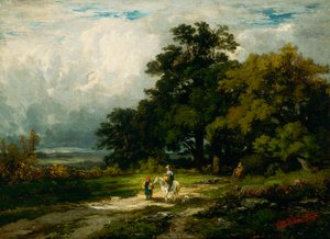Névtelen férfi lovon nővel és kutyával. alkotó: Edward Mitchell Bannister