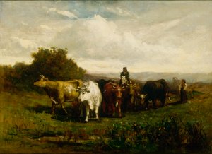 Névtelen férfi lóháton, gyalogos nő marhát hajtó, 1880.