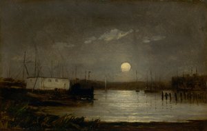 Névtelen hold egy kikötő felett, rakparti jelenet teliholddal és csónakárbocokkal, kb. 1868.