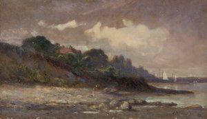 Névtelen partvonal vitorlásokkal és tetővel, 1893. alkotó: Edward Mitchell Bannister