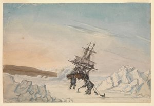 Jégbe ragadt hajó, a legénység két tagja négy rögzítőelemmel rögzíti a hajót a jégbe. alkotó: Edward Newell Harrison