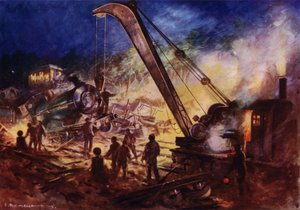 Daru roncsokat szállít ki egy vasúti baleset helyszínéről (színes litó) alkotó: Edward Parick Kinsella