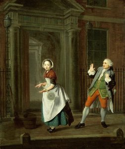 Egy jól öltözött szolgálólány megpörgeti a felmosóját, c1764