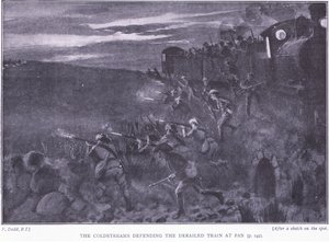 A Coldstreams egy kisiklott vonatot véd, illusztráció az After Pretoria: The Guerilla War, 1902-ből alkotó: Edward Read