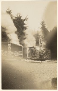[Ahogy a lángok egyre magasabbra emelkedtek, bíborvörösre festették a tengert, amely egy kísérteties erdő lábánál háborog.] alkotó: Edward S. Curtis