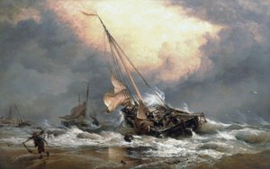 Halászok húzzák csónakjaikat az Északi-tenger partján, Scheveningen (Hollandia) közelében. Olaj, vászon alkotó: Edward William Cooke