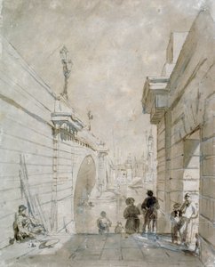 A London Bridge a Tooley Street közelében lévő lépcsők felső lépcsősorától északra néz, 1833 alkotó: Edward William Cooke