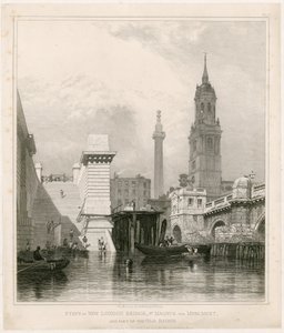 A New London Bridge lépcsői, a Szent Magnus, az emlékmű és a régi híd egy része. alkotó: Edward William Cooke