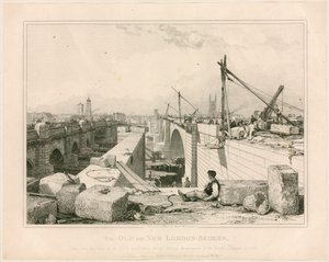 A régi és az új londoni híd, 1830 alkotó: Edward William Cooke