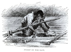 Alvás a tutajon, illusztráció a Huckleberry Finn kalandjaiból, Mark Twain (1835-1910) 1884 (metszet) (f/w fotó) alkotó: Edward Windsor Kemble