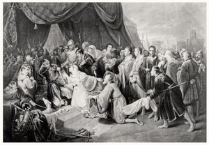 Calais átadása, 1347. augusztus 4., metszett John Young alkotó: Edward after Bird