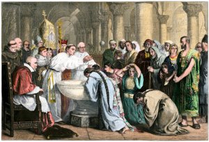 A mórok kötelező keresztelése a keresztények által a rekonquista után, 1500 körül. alkotó: Edwin (after) Long