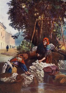 Korzika: ágyneműt mosó nő (színes litho)
