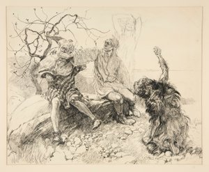 Caliban, Stephano és Trinculo (Ariel láthatatlan), illusztráció a II. felvonáshoz, ii. jelenet, A vihar alkotó: Edwin Austin Abbey