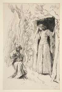 Ferdinand találkozik Mirandával, illusztráció a III. felvonás i. jelenetéhez, A vihar alkotó: Edwin Austin Abbey