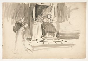 Ábra a trónon, két figurával körülvéve, vázlat egy azonosítatlan Shakespeare-darabhoz alkotó: Edwin Austin Abbey