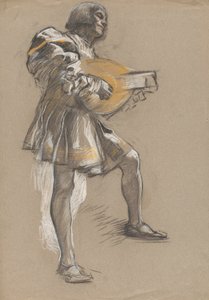 Mandolinos figura középkori viseletben. alkotó: Edwin Austin Abbey