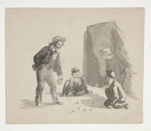 Négy fiú golyózik (recto); Azonosítatlan illusztrációja fiú festőállványon a belső térben (verso) alkotó: Edwin Austin Abbey