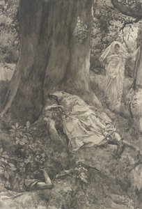 Hermia az erdőben, illusztráció a III. felvonáshoz, ii. jelenet, Szentivánéjszaka alkotó: Edwin Austin Abbey