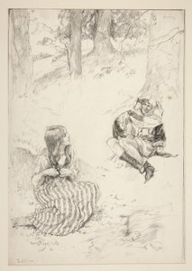 Jester és nő, vázlat a Nárcisz dalhoz alkotó: Edwin Austin Abbey