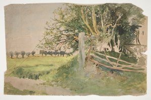 Táj fákkal és törött kerítéssel alkotó: Edwin Austin Abbey