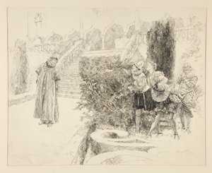 Malvolio megtalálja a levelet, a II. felvonás, v. jelenet, tizenkettedik éjszaka illusztrációját alkotó: Edwin Austin Abbey