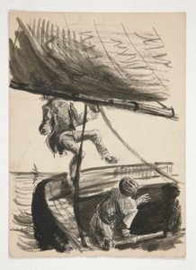 ember, aki a fedélzetre borul, a vitorlás gémje (recto); Azonosítatlan illusztrációja fiú ragyogó ember alkotó: Edwin Austin Abbey