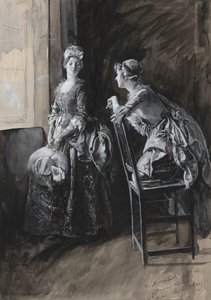 Miss Neville és Miss Hardcastle, Oliver Goldsmith illusztrációja alkotó: Edwin Austin Abbey