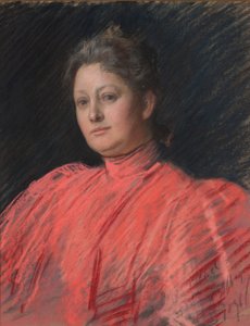 Mrs. Abbey portréja rózsaszín ruhában, derékig érően alkotó: Edwin Austin Abbey