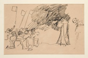 Előzetes vázlat a II. felvonás I. jelenethez, Összes alkotó: Edwin Austin Abbey