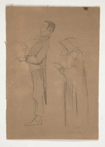 Profiltanulmányok férfiról és öregasszonyról (recto); Három fejvázlat és azonosítatlan vázlat (fordítva) alkotó: Edwin Austin Abbey