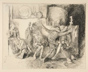 Sir Toby és társai, illusztráció a II. felvonáshoz, iii. jelenet, Tizenkettedik éjszaka alkotó: Edwin Austin Abbey