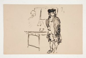 Vázlat egy férfi forradalmi ruhájában az asztal mellett alkotó: Edwin Austin Abbey