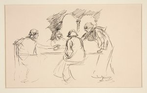 Négy középkori ruhás férfi vázlata egy asztalnál – azonosítatlan illusztráció, valószínűleg alkotó: Edwin Austin Abbey